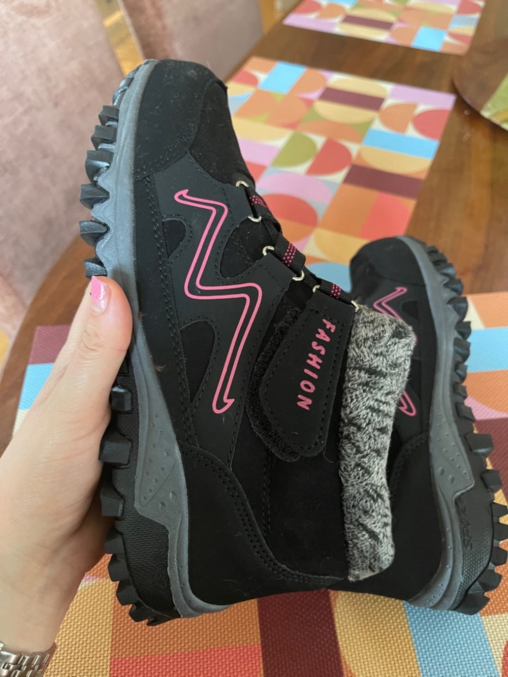Black + Pink Faux-Fur Lace-Up Hiking Boots - Picture 6 of 10
